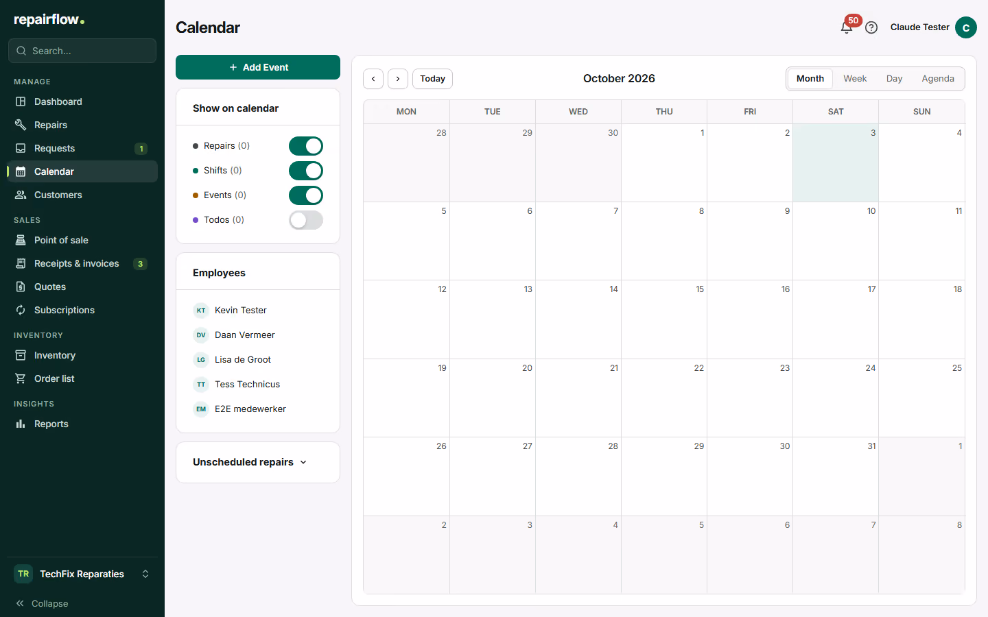 The month view with appointments per day