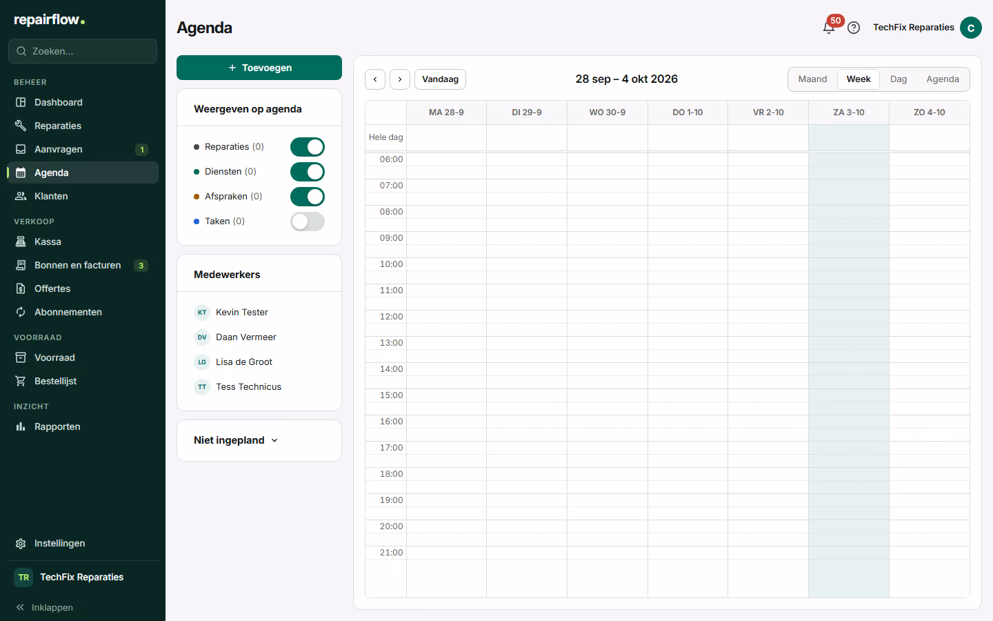 De weekagenda met geplande reparaties en afspraken