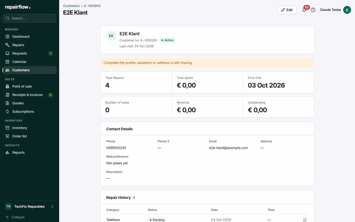 A customer profile with contact details, repairs and open invoices