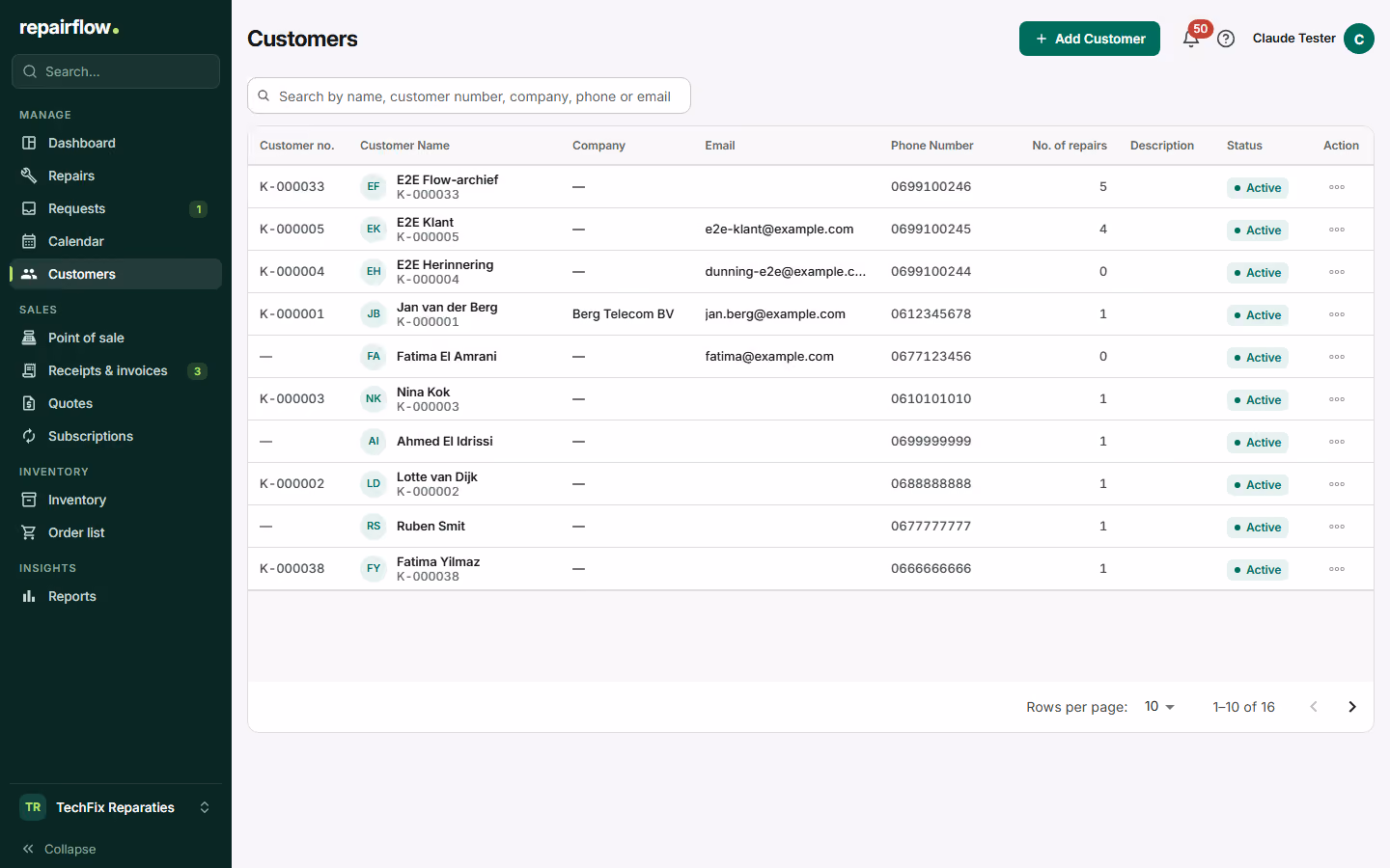 The customer list with customer number, name, company, email, phone number and status.