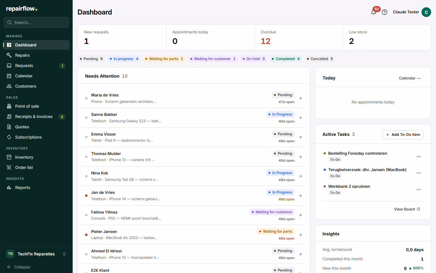 The Repairflow dashboard with today's repairs, revenue and open requests