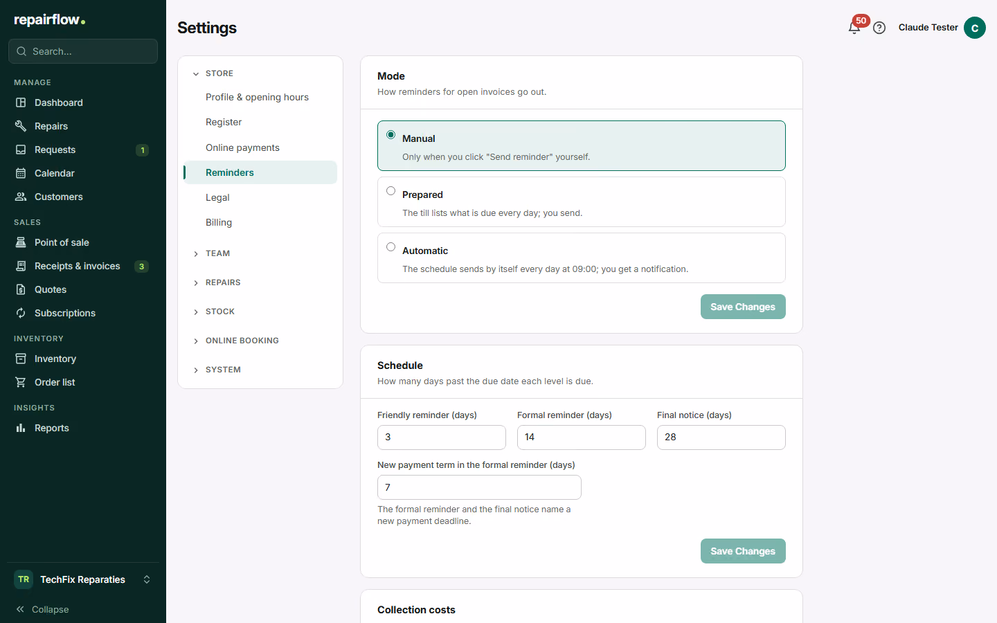 The payment reminder settings with days, texts and collection costs