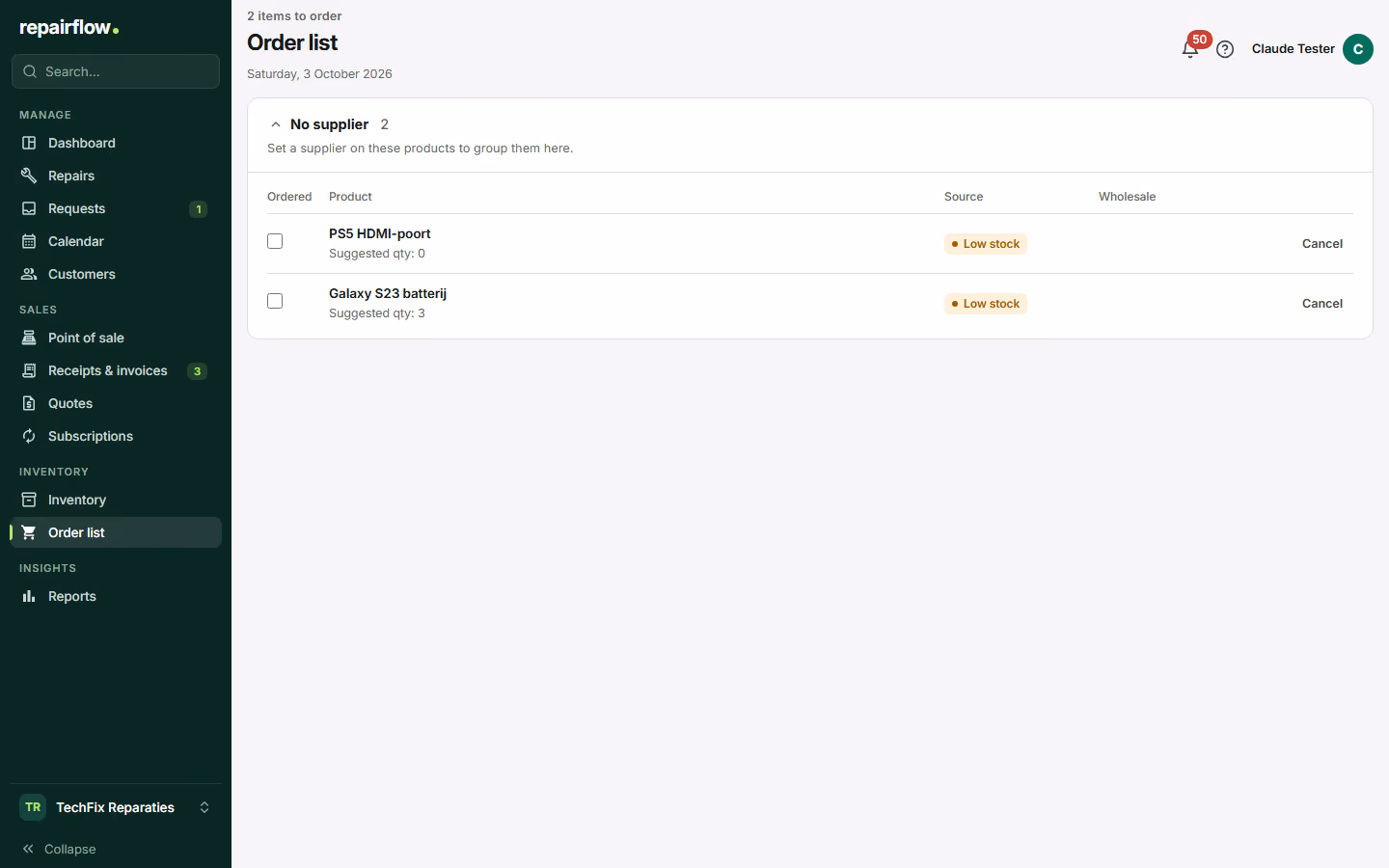 The order list with source, status and quantity