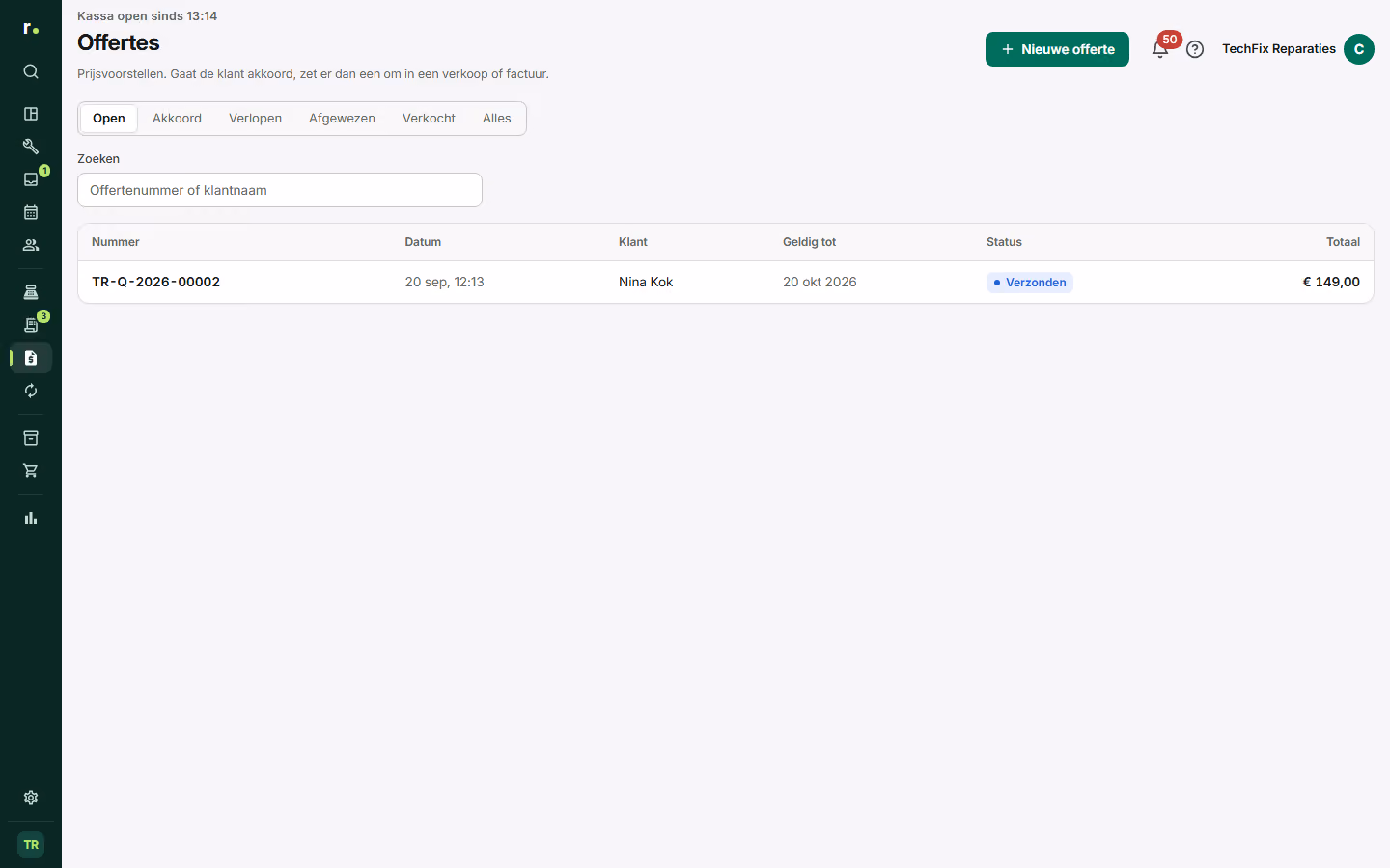 De offertelijst met status en geldigheid