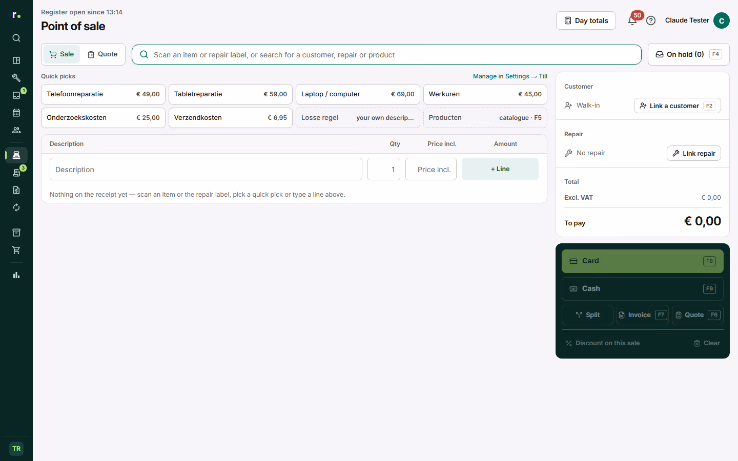 The sell screen with quick picks, an empty sale, the customer and repair cards and the Card and Cash buttons.