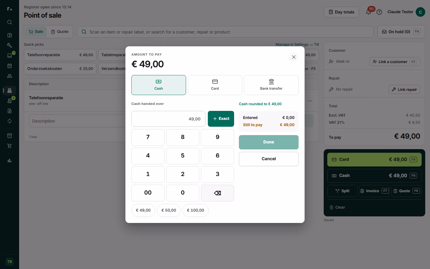 The payment panel with cash, card and split payment