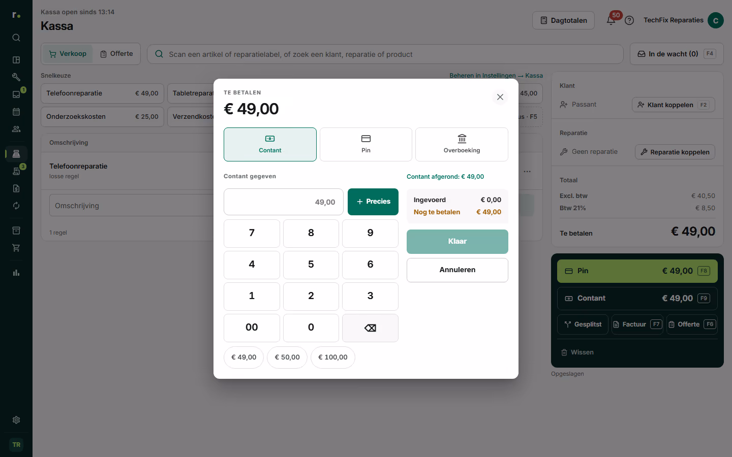 Het betaalpaneel met contant, pin en gesplitst betalen