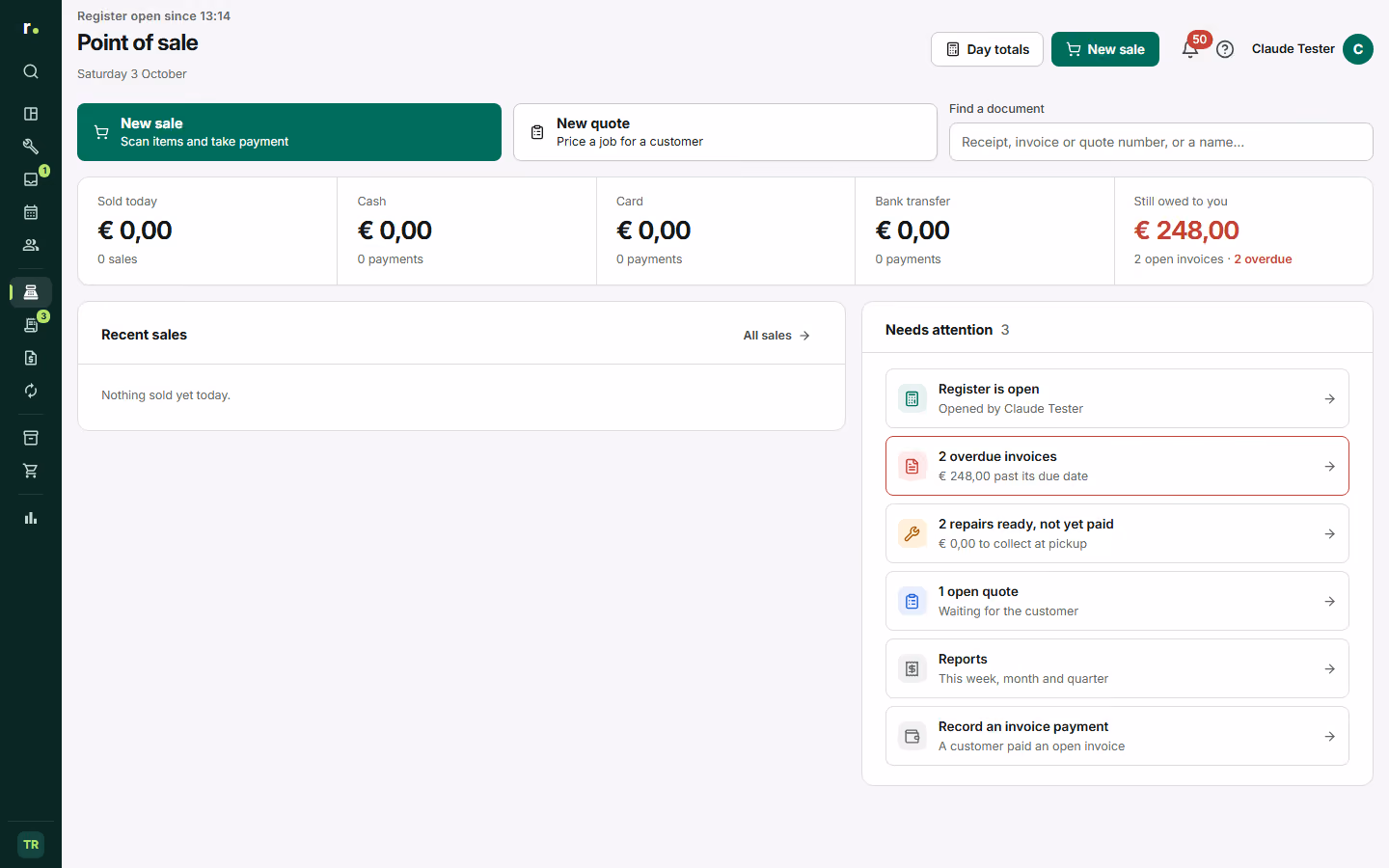 Today's point-of-sale overview with revenue, shift and open items