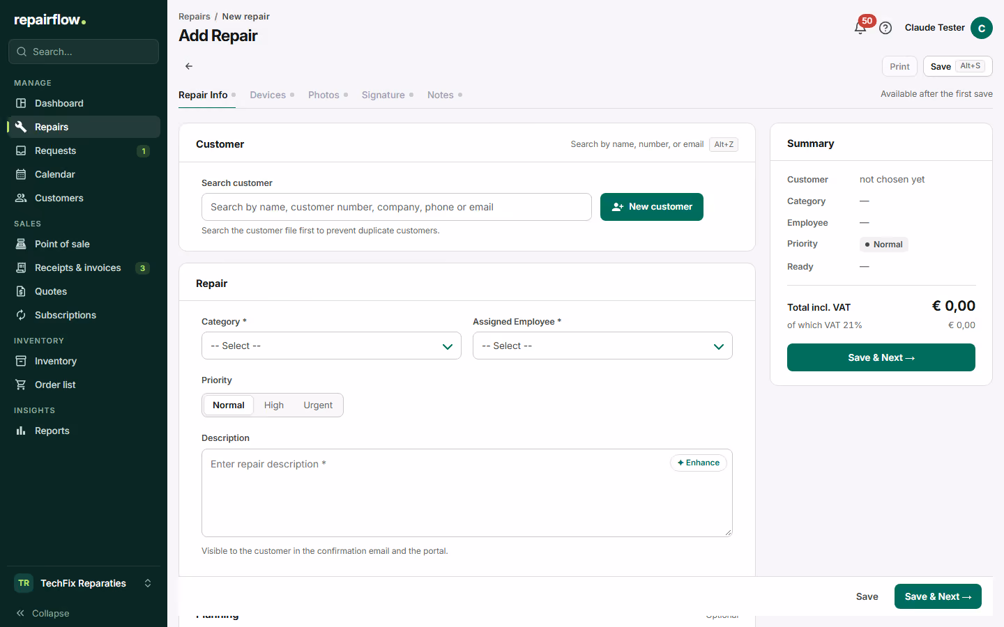 The intake form with customer, device and cost lines