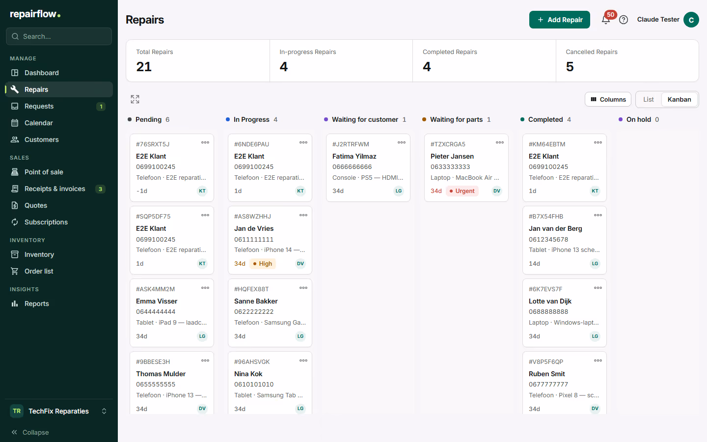 The kanban board with a column per status