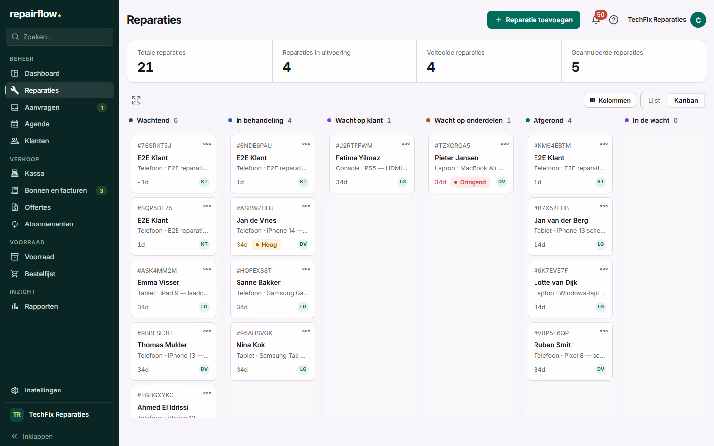 Het kanbanbord met kolommen per status