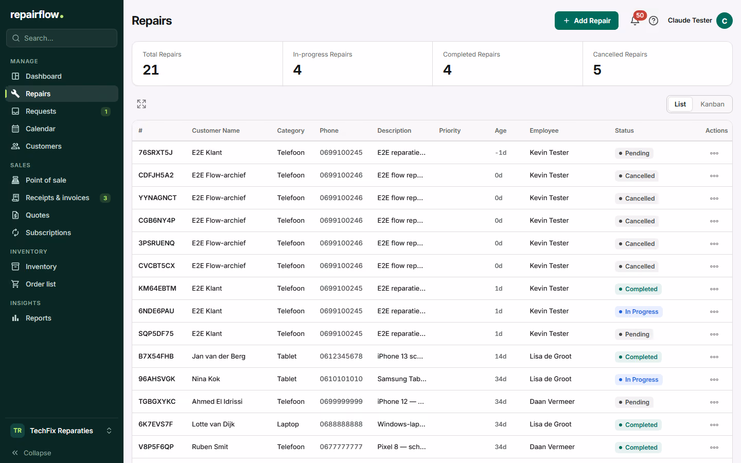 The repairs list with reference number, customer, device, status and age per repair