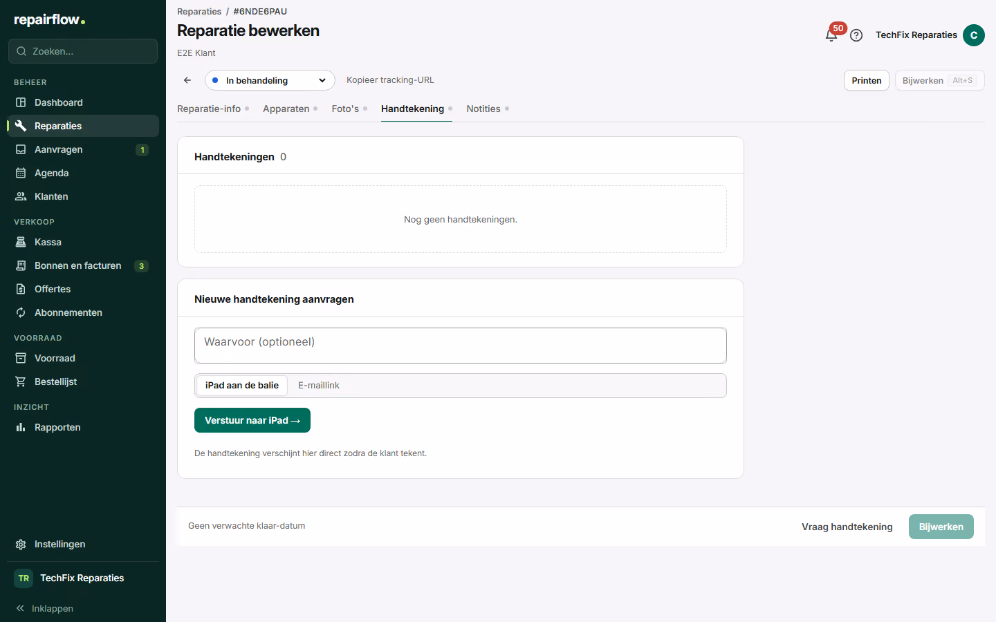 Het handtekeningtabblad met een ondertekende kostenopgave