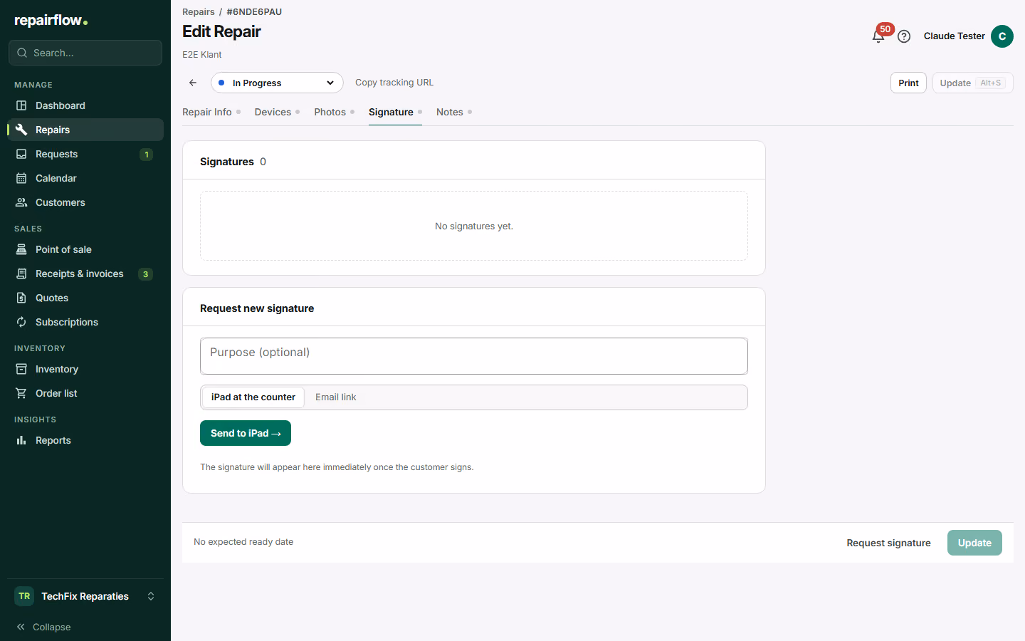 The signature tab with a signed cost estimate