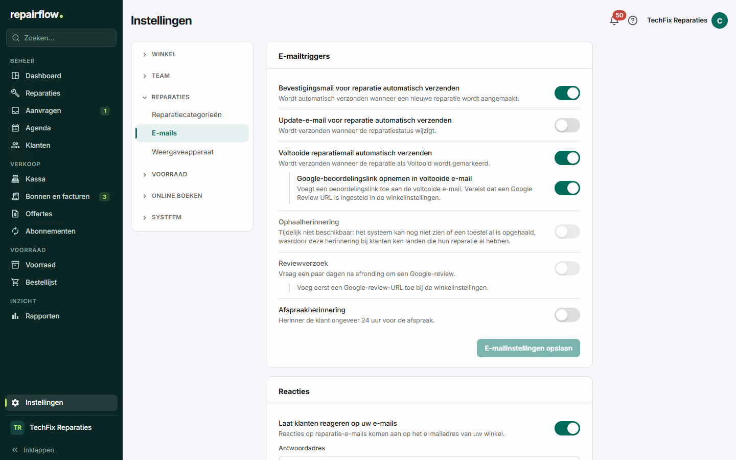 De instellingen van de automatische e-mails met de afspraakherinnering
