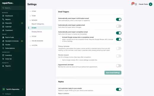 Settings of the status emails