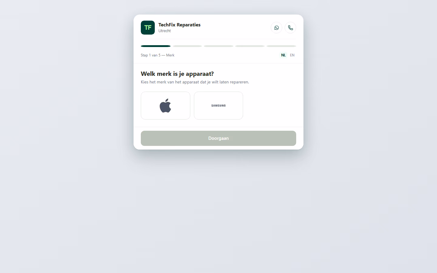 De eerste stap van het online boeken, de klant kiest het merk van zijn apparaat