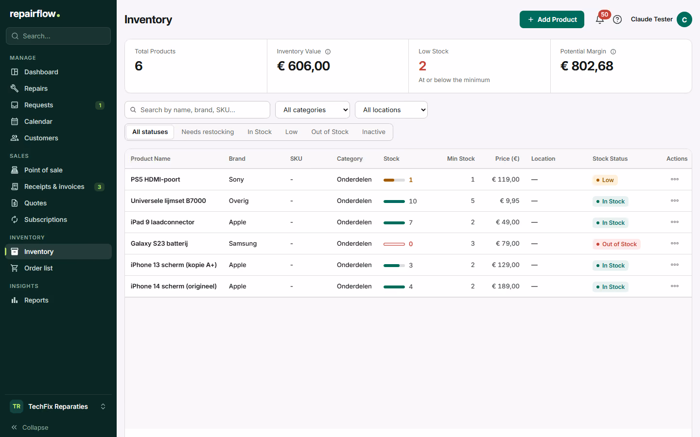 The inventory list with product, category, location, purchase and sale price and stock