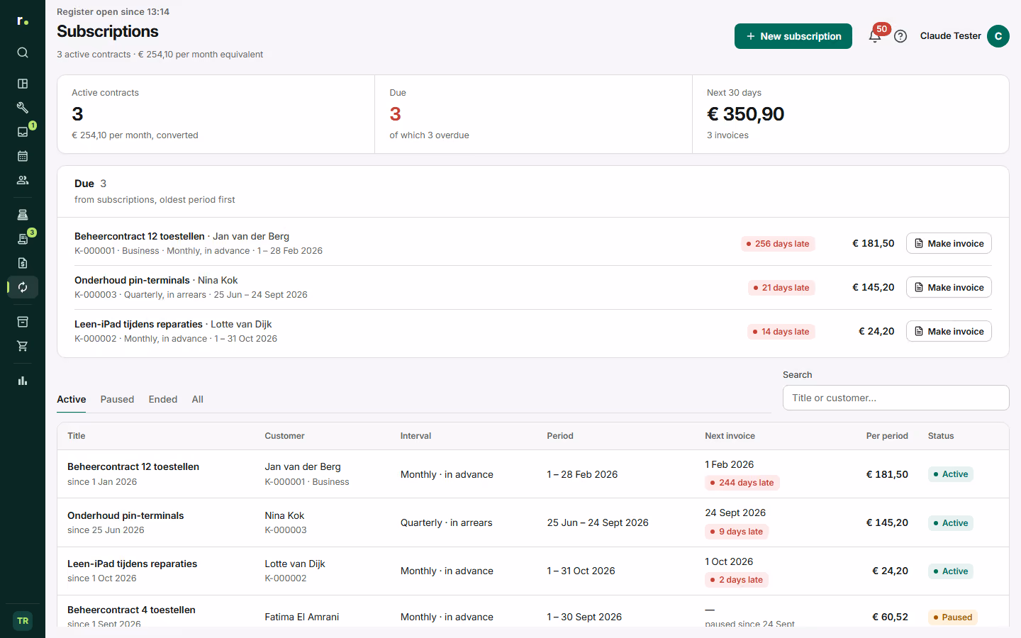 The Subscriptions page with the Active contracts and Due figures, the Due block and the list of contracts.
