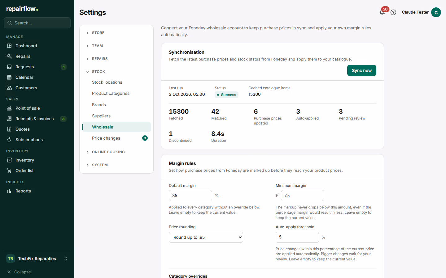 The linked wholesaler with the last sync and the margin settings